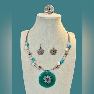 Avon Blue Capiz Shell Necklace Earrings Ring Set Vintage